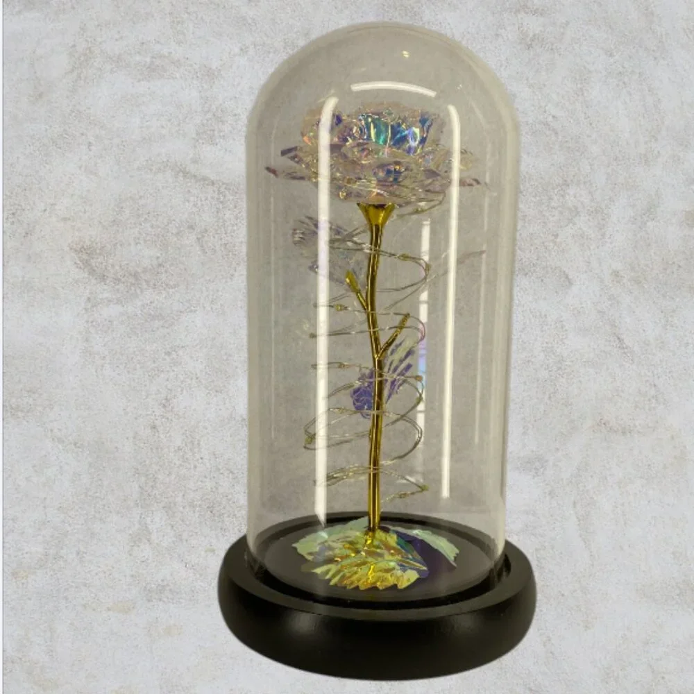 LOVE FOREVER LED ROSE -- Metallic Rose Inside Glass Dome, Lighted, LED, Like New